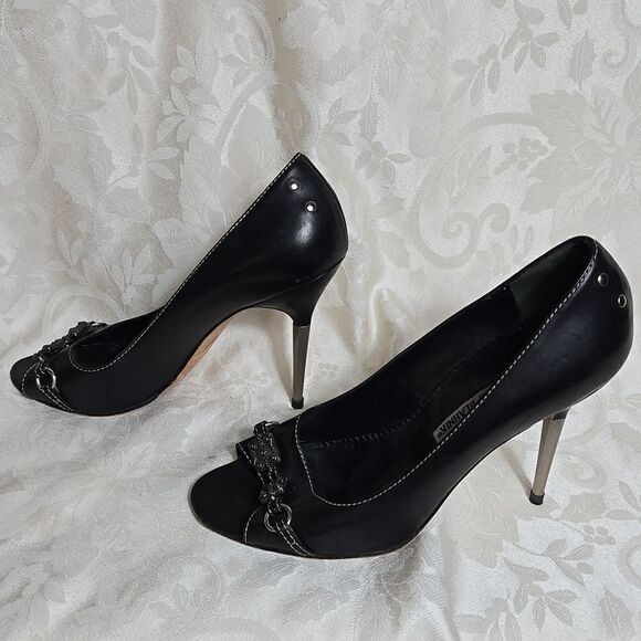 Manolo Blahnik Black Leather Open Peep Toe Silver Metal Heel Shoes Heels - Picture 4 of 6